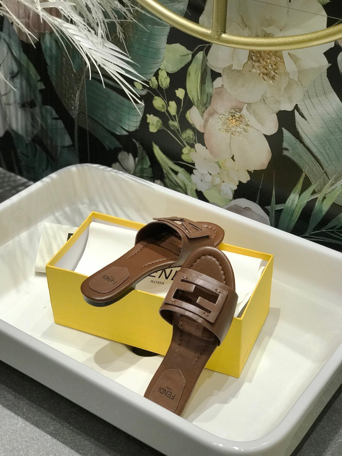 FENDI BAGUETTE SLIDES IN COFFEE BROWN LAMBSKIN
