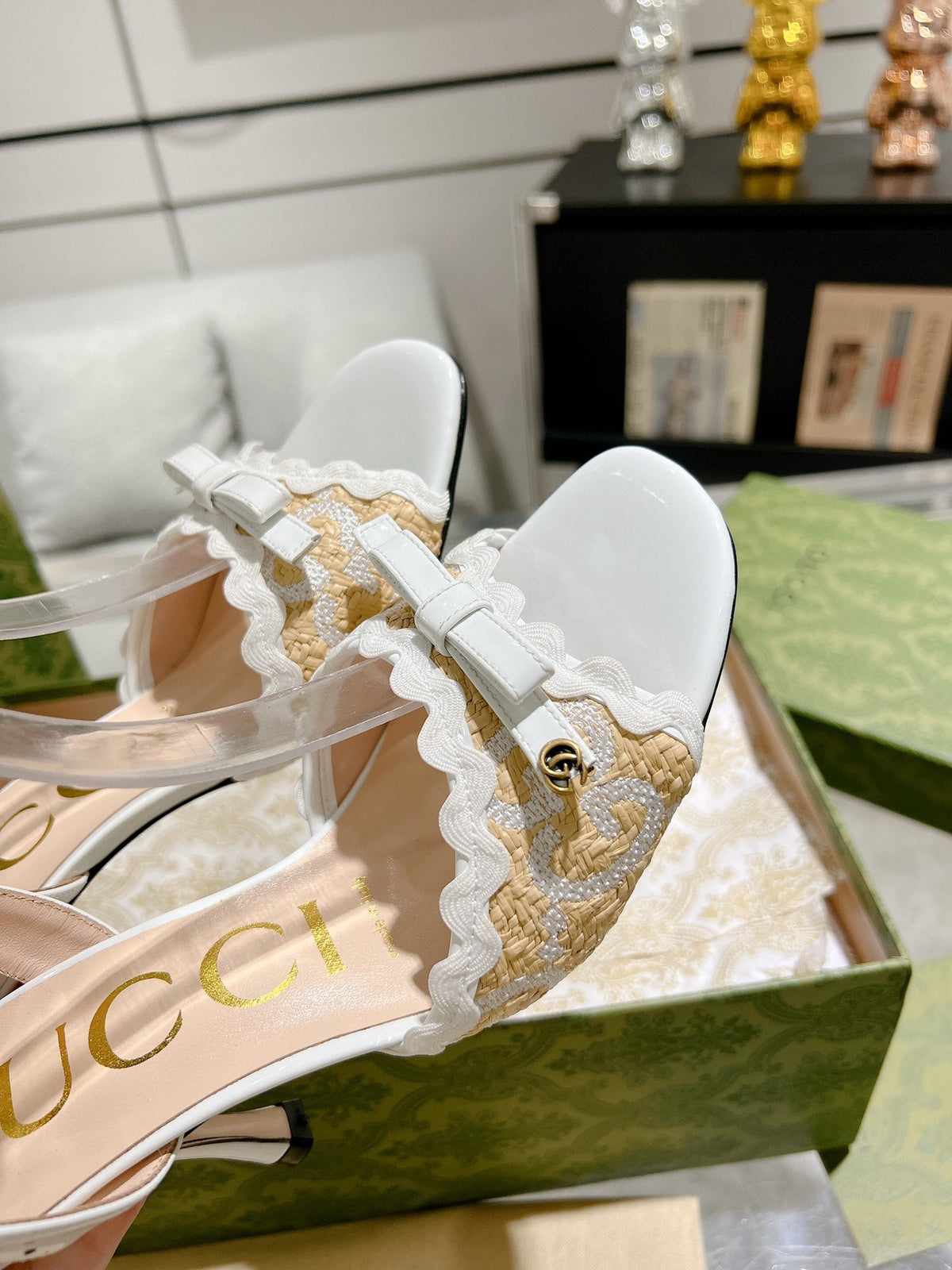 GG HIGH - HEEL SANDAL WHITE FABRIC ATTACH BOW