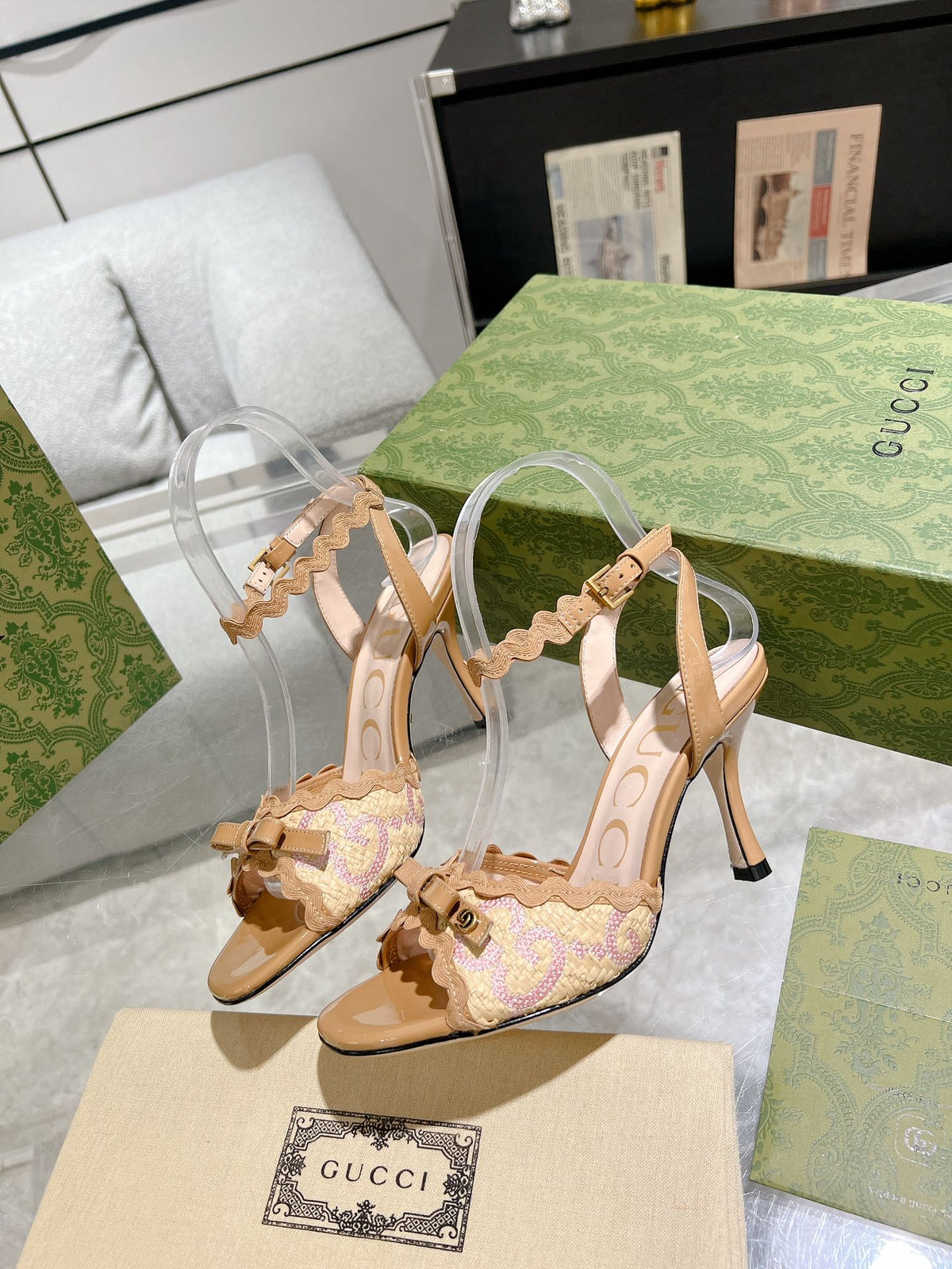 GG HIGH - HEEL SANDAL TAWNY FABRIC ATTACH BOW