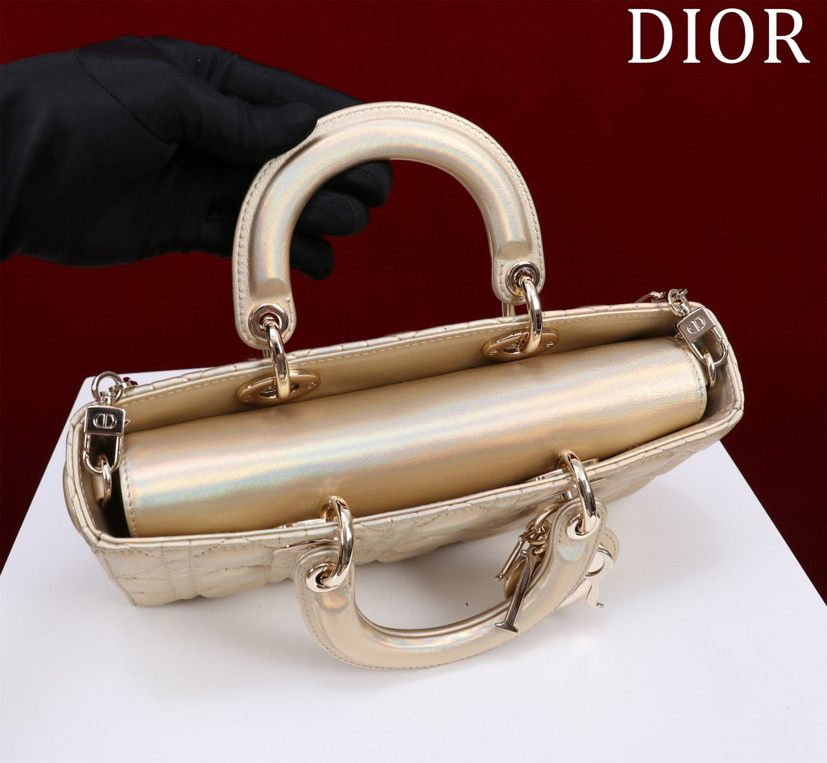 medium lady d-joy 26 beige metalic lambskin