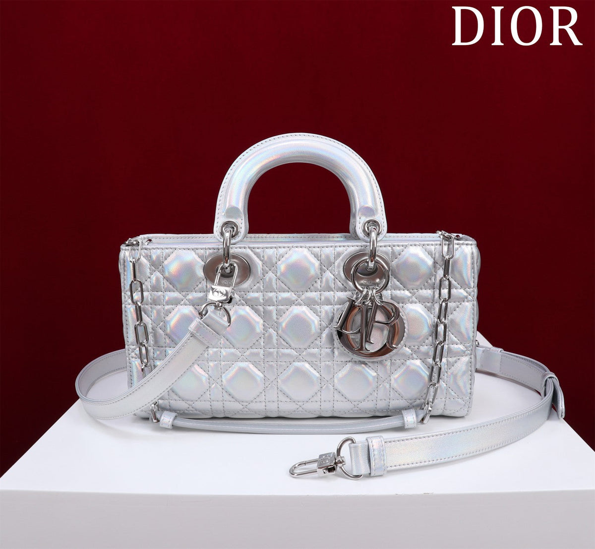 medium lady d-joy 26 silver metalic lambskin