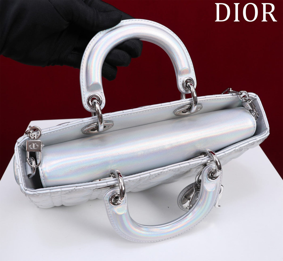 medium lady d-joy 26 silver metalic lambskin