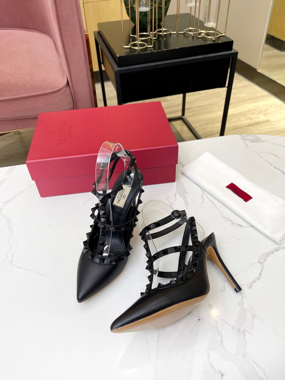 Valentino Rockstud Caged Pumps 95mm Black Beige Leather