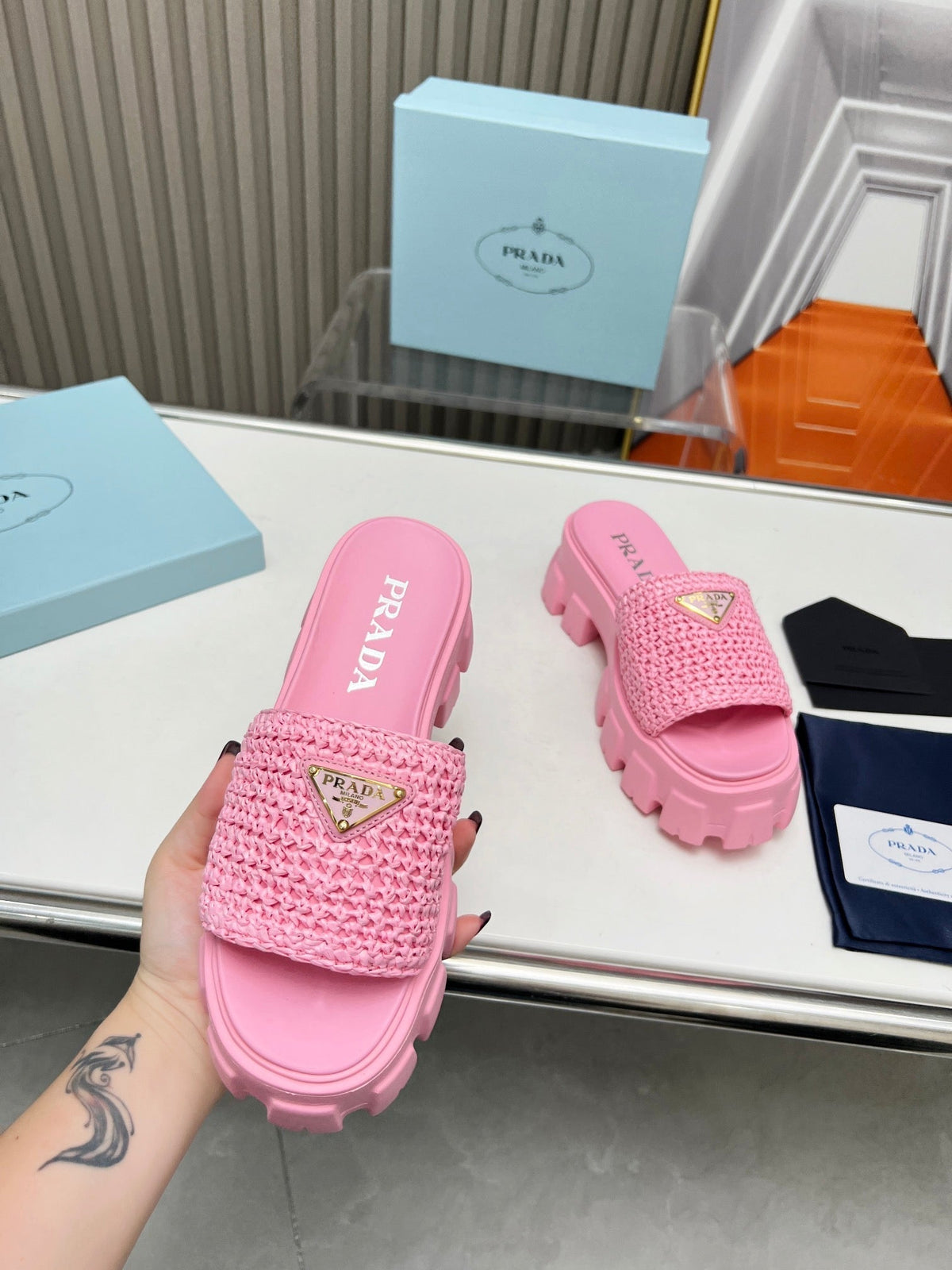 PRA THICK-SOLED CROCHET SANDALS PINK WOVEN FABRIC