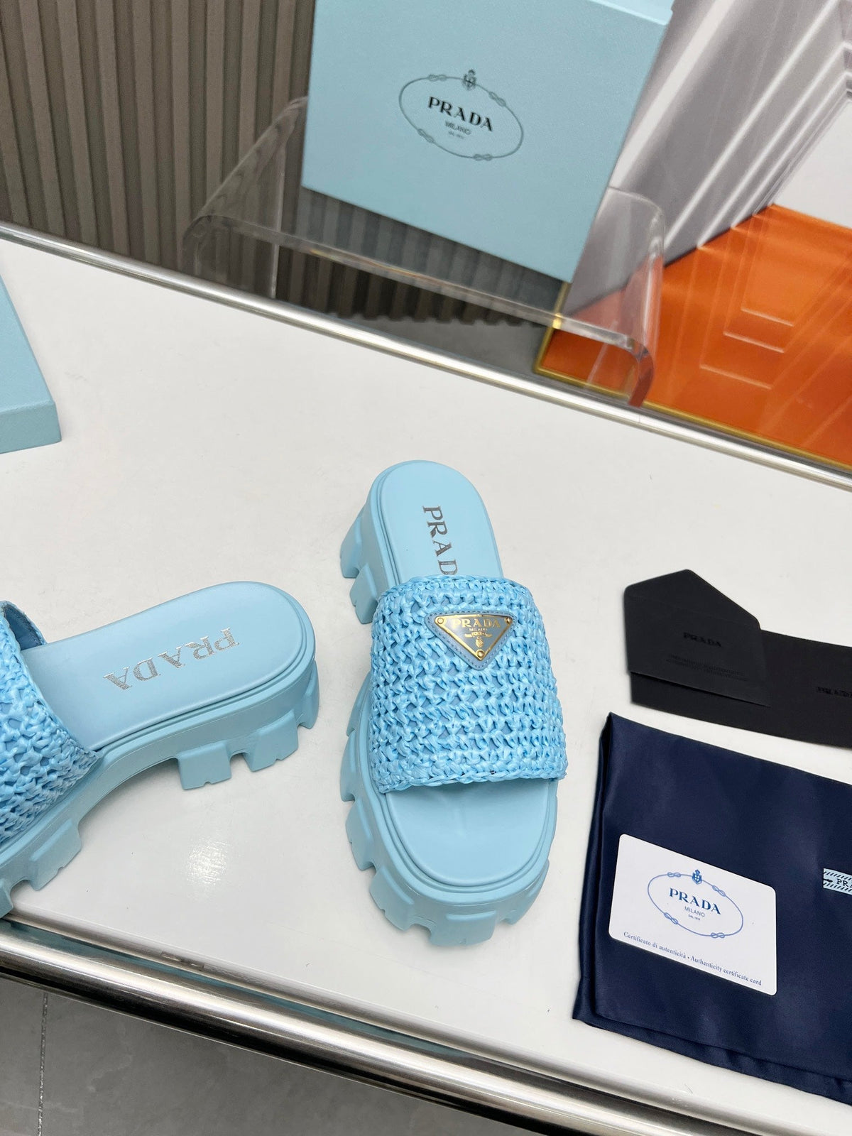 PRA THICK-SOLED CROCHET SANDALS SKY WOVEN FABRIC
