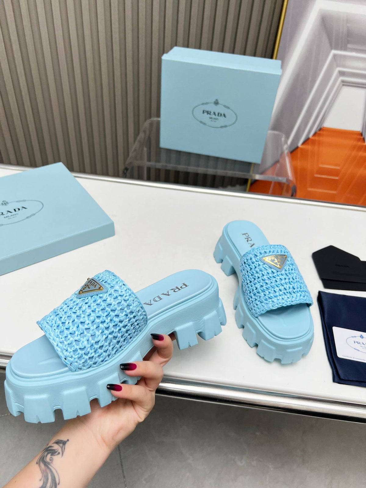PRA THICK-SOLED CROCHET SANDALS SKY WOVEN FABRIC