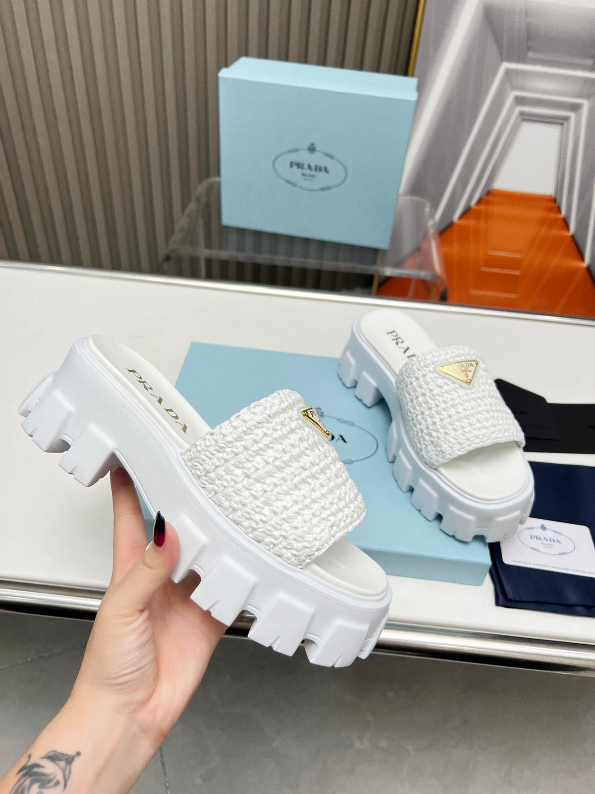 PRA THICK-SOLED CROCHET SANDALS WHITE WOVEN FABRIC