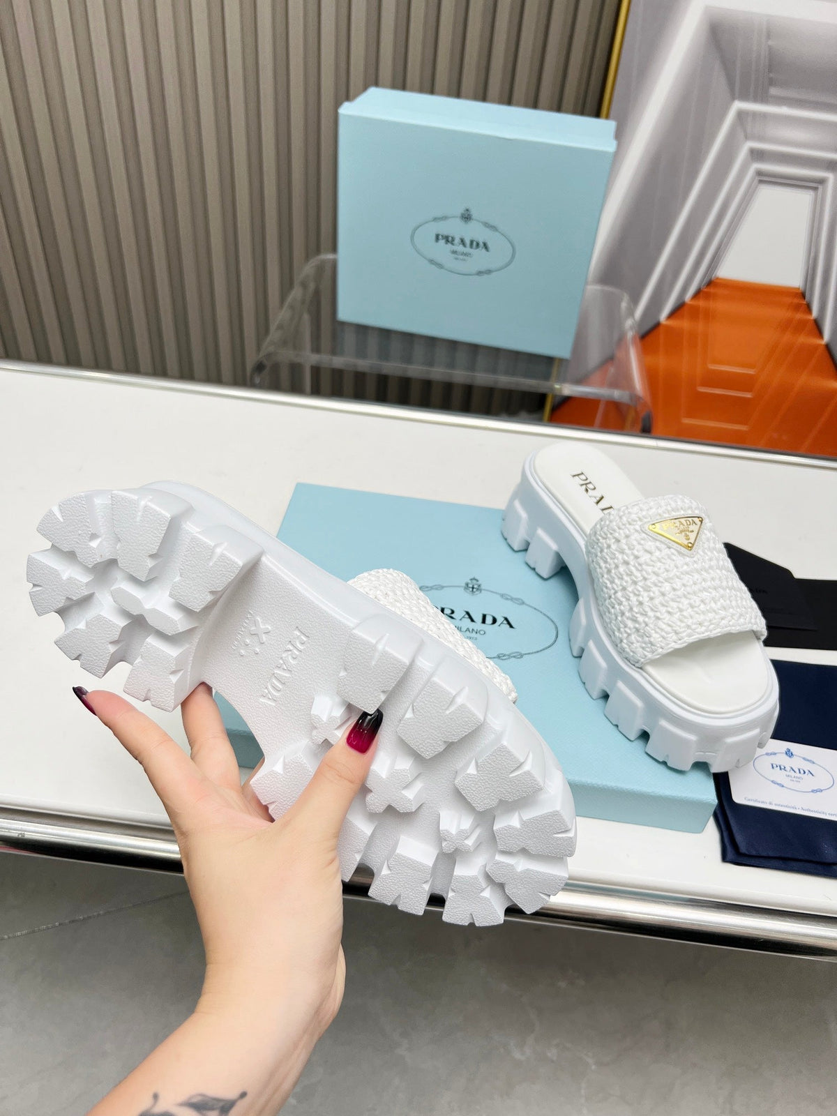 PRA THICK-SOLED CROCHET SANDALS WHITE WOVEN FABRIC