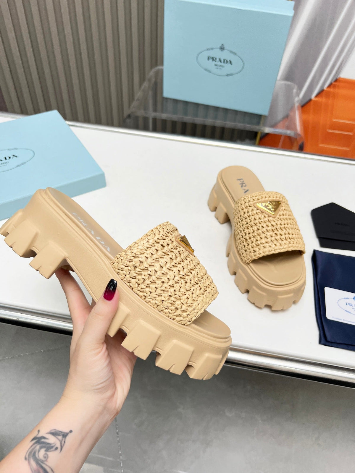 PRA THICK-SOLED CROCHET SANDALS BEIGE WOVEN FABRIC