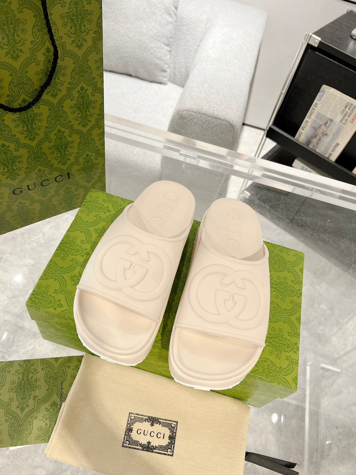 GC 25 Interlocking G 50mm Slide Sandal Ivory Cowhide 292379