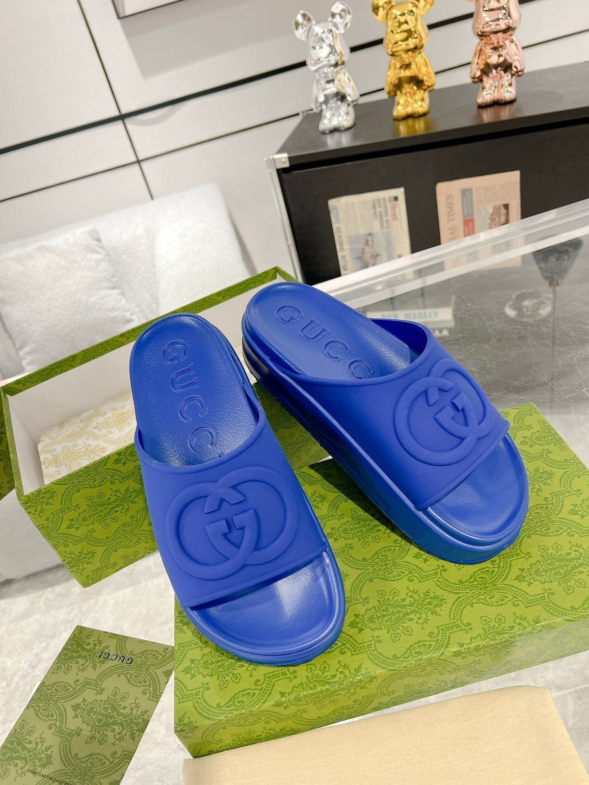 GC 25 Interlocking G 50mm Slide Sandal Blue Cowhide 292383