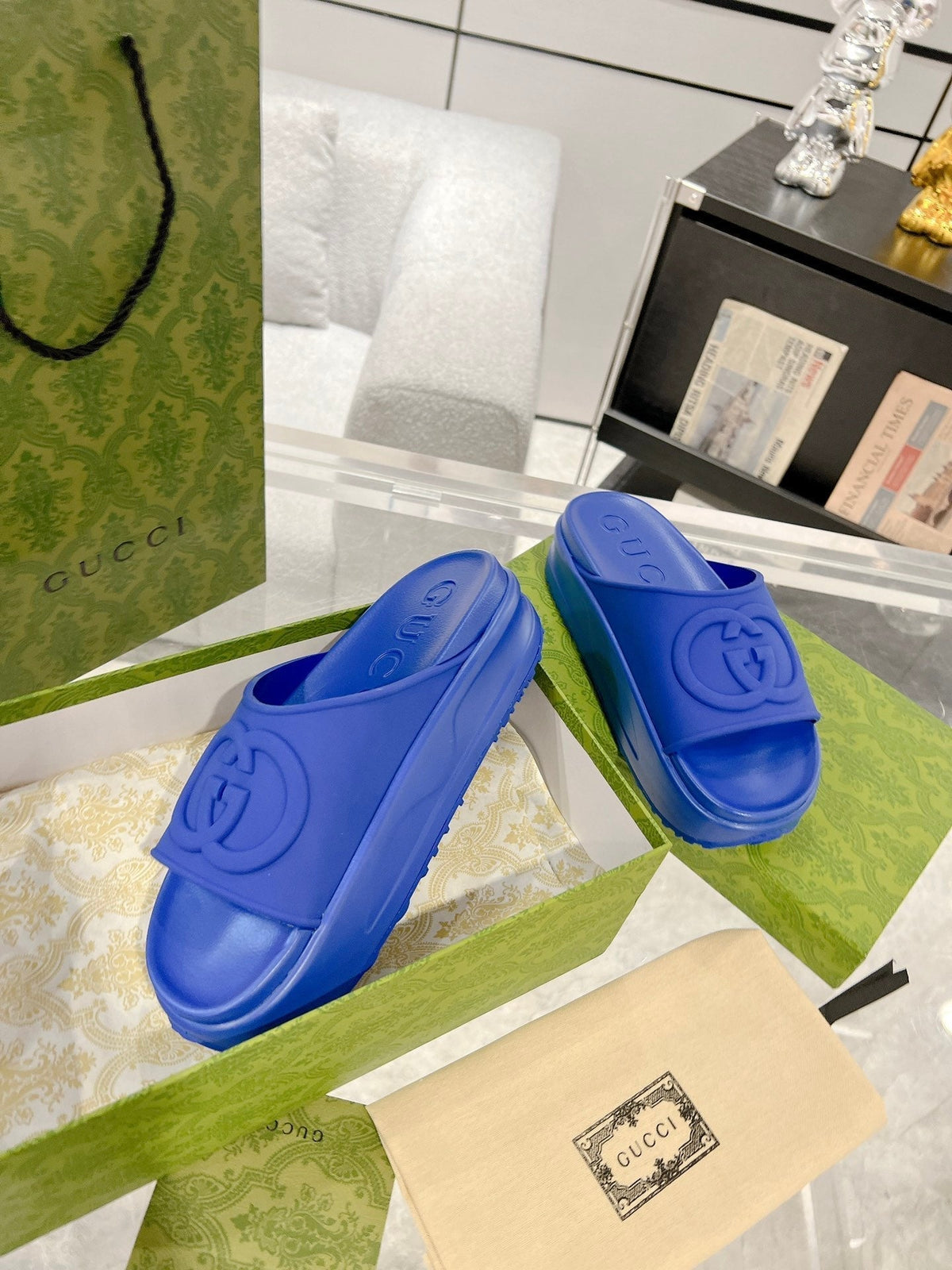 GC 25 Interlocking G 50mm Slide Sandal Blue Cowhide 292383