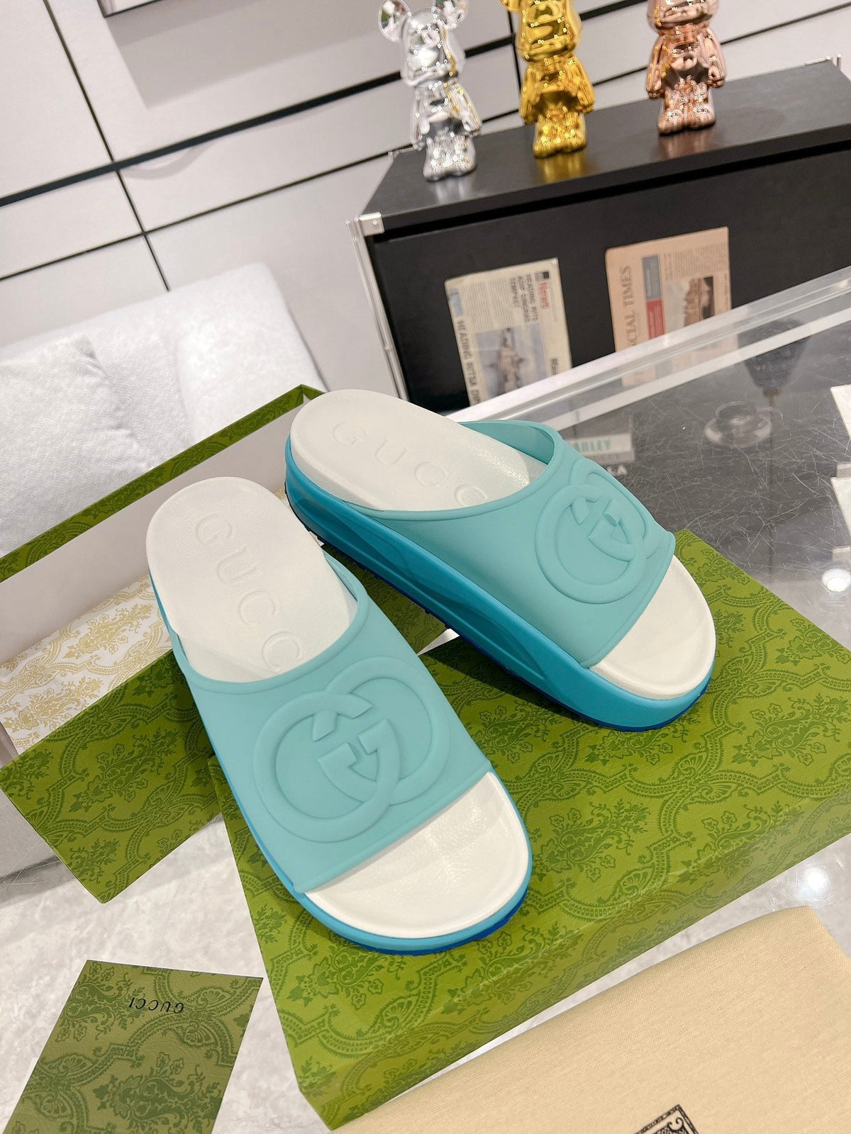 GC 25 Interlocking G 50mm Slide Sandal Sky Blue White Cowhide 292385