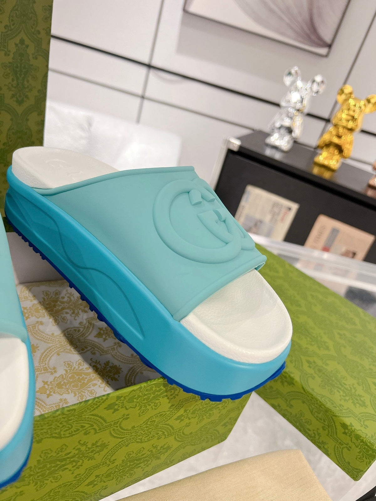 GC 25 Interlocking G 50mm Slide Sandal Sky Blue White Cowhide 292385