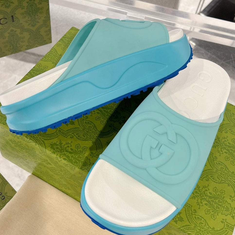 GC 25 Interlocking G 50mm Slide Sandal Sky Blue White Cowhide 292385