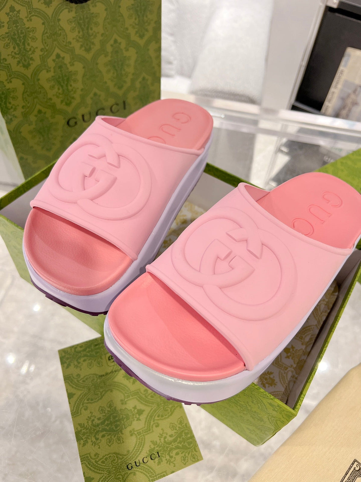GC 25 Interlocking G 50mm Slide Sandal Pink Cowhide 292386