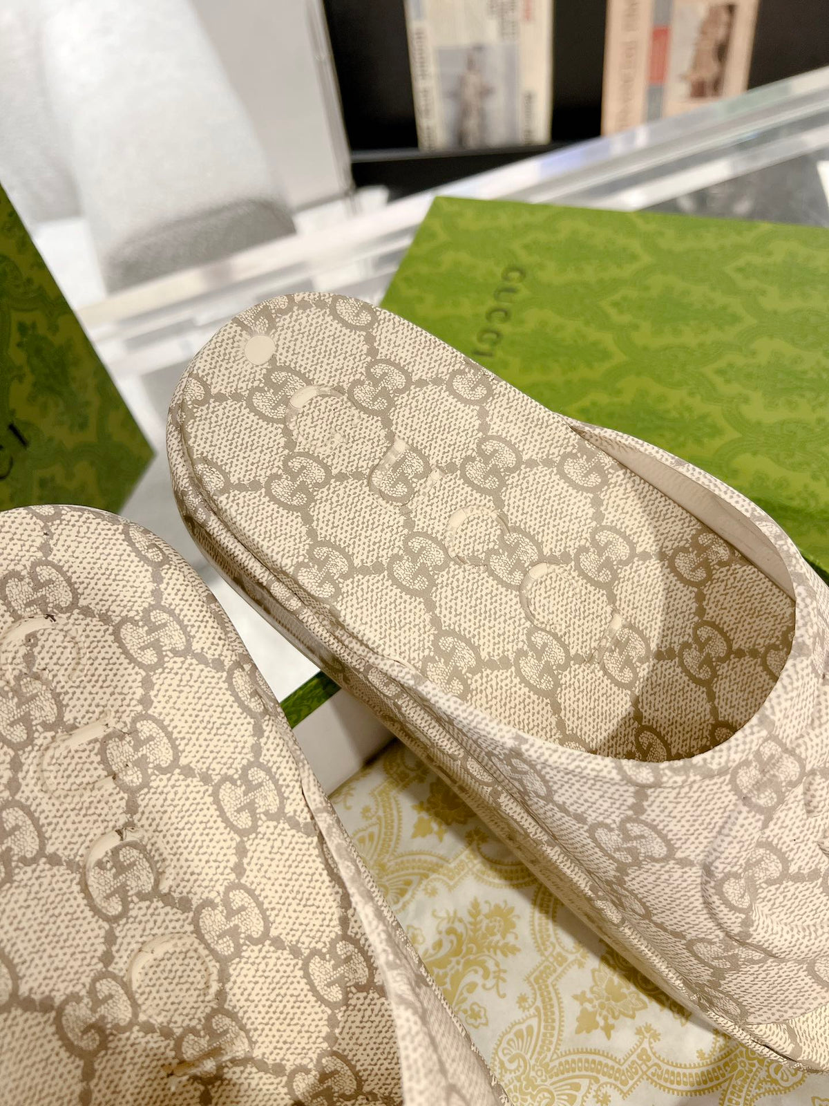 GC 25 Interlocking G 50mm Slide Sandal Monogram Beige Cowhide 292388