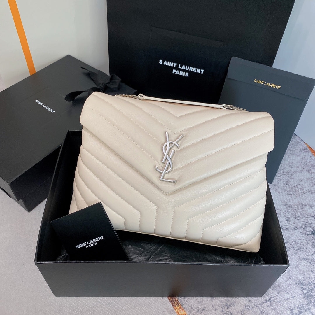 LOULOU MEDIUM 32 WHITE QUILTED LEATHER SILVER HARDWARE