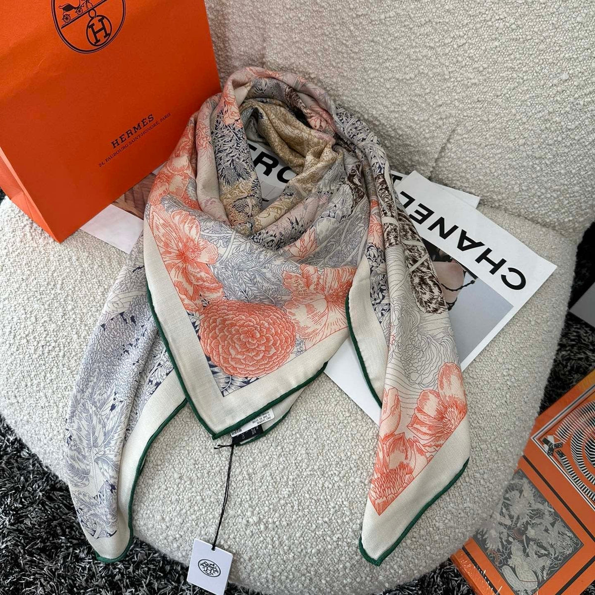 Retourala Nature Hermes Scarf 140 CM White Pink Colorful Silk