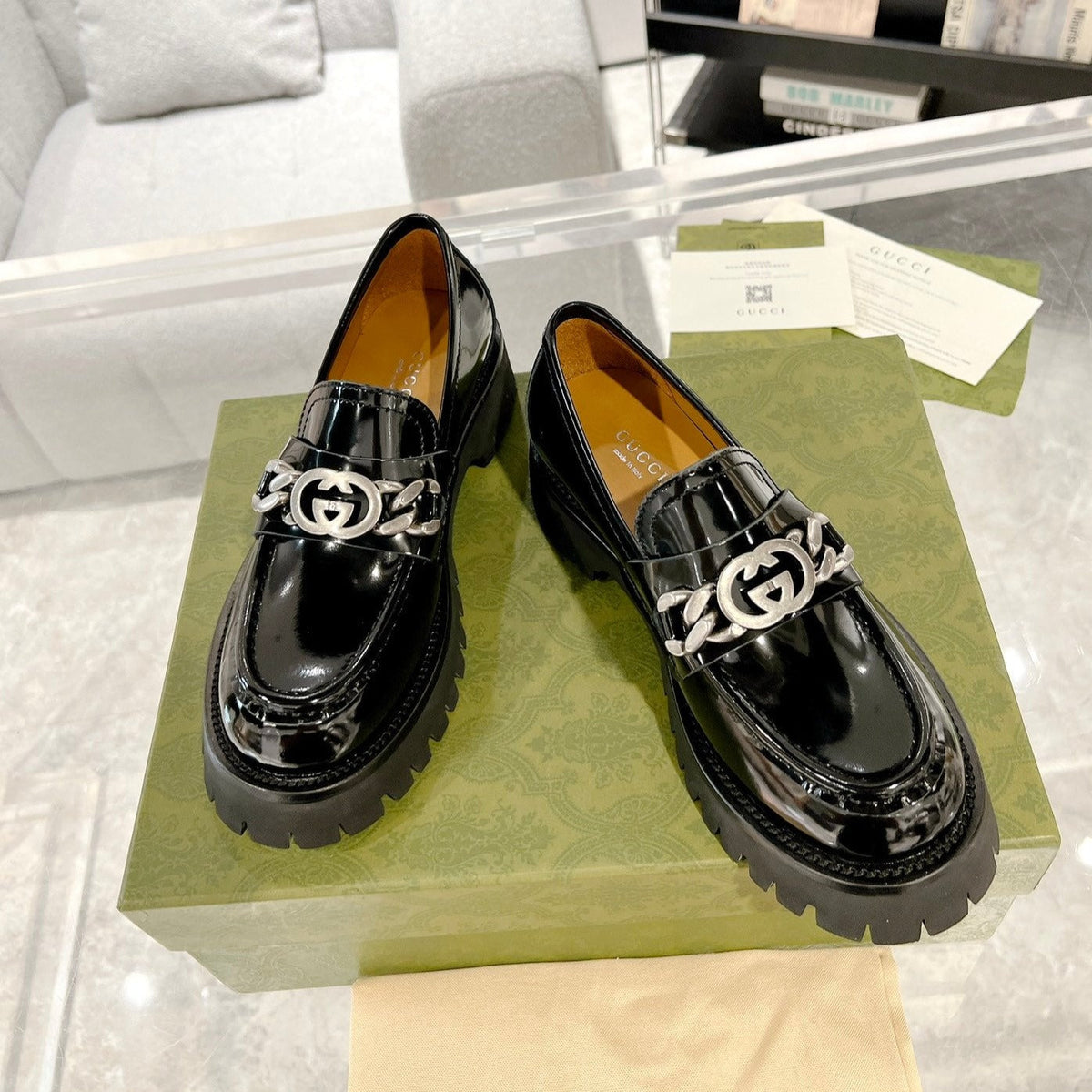 GG LOAFER WITH GG CHAINS GLOSSY BLACK CALFSKIN