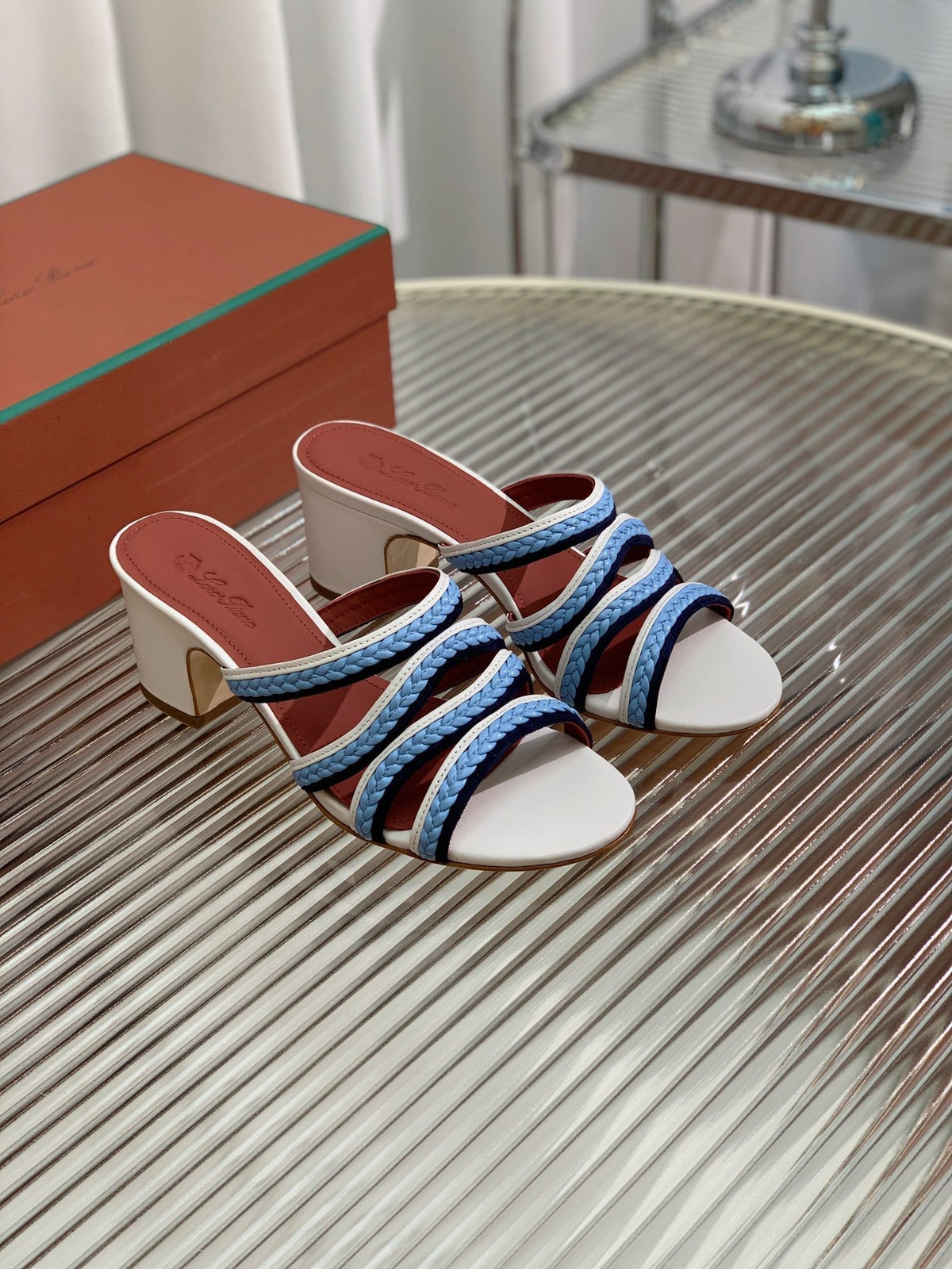 High Hee 60 Sprightly Charms Mule Sandal White Cloud Blue Navy Calfskin