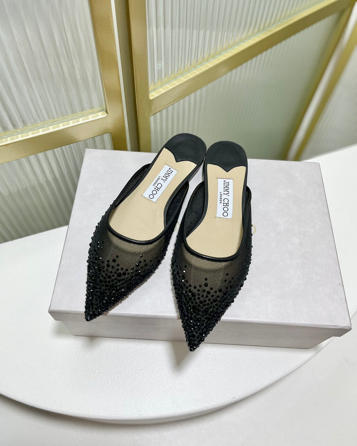 Jimmy Mule In Black Mesh Fabric With Swarovski Crystal 597874
