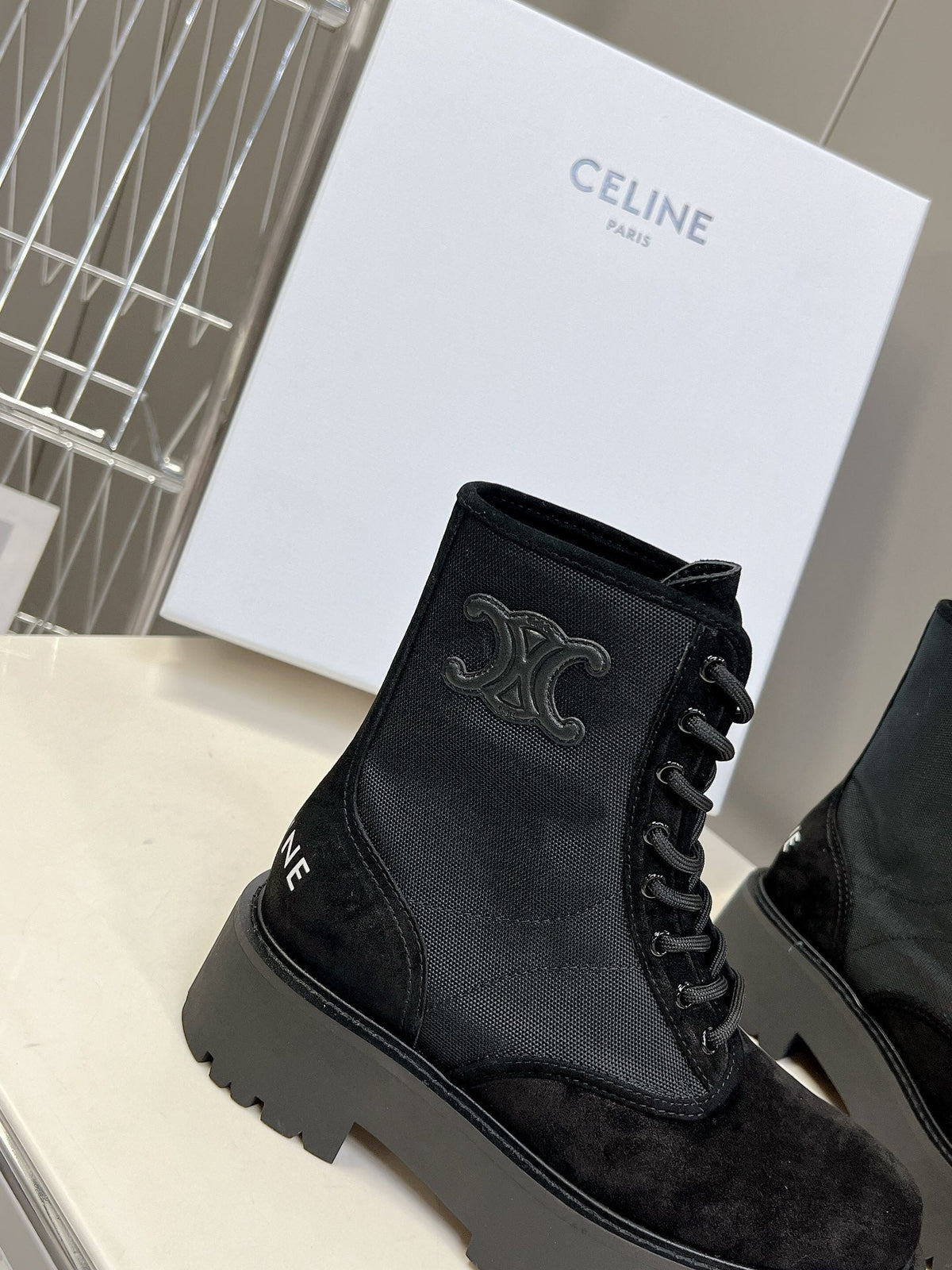 Celine 2026 Laced Up Boots 50mm Suede Canvas 948170