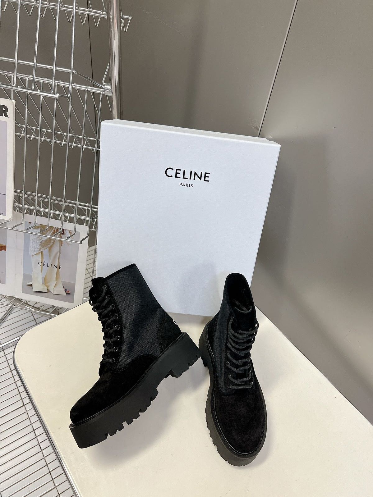 Celine 2026 Laced Up Boots 50mm Suede Canvas 948170