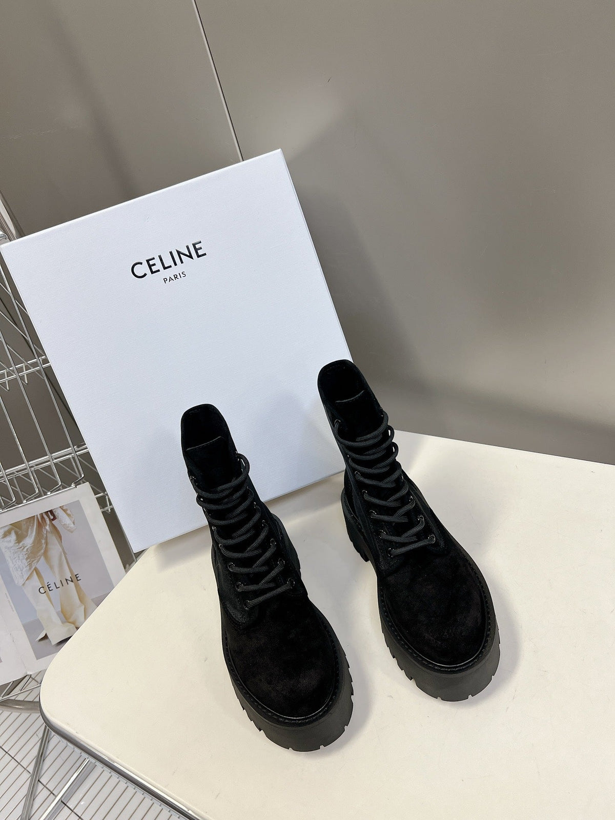 Celine 2026 Laced Up Boots 50mm Suede Canvas 948170
