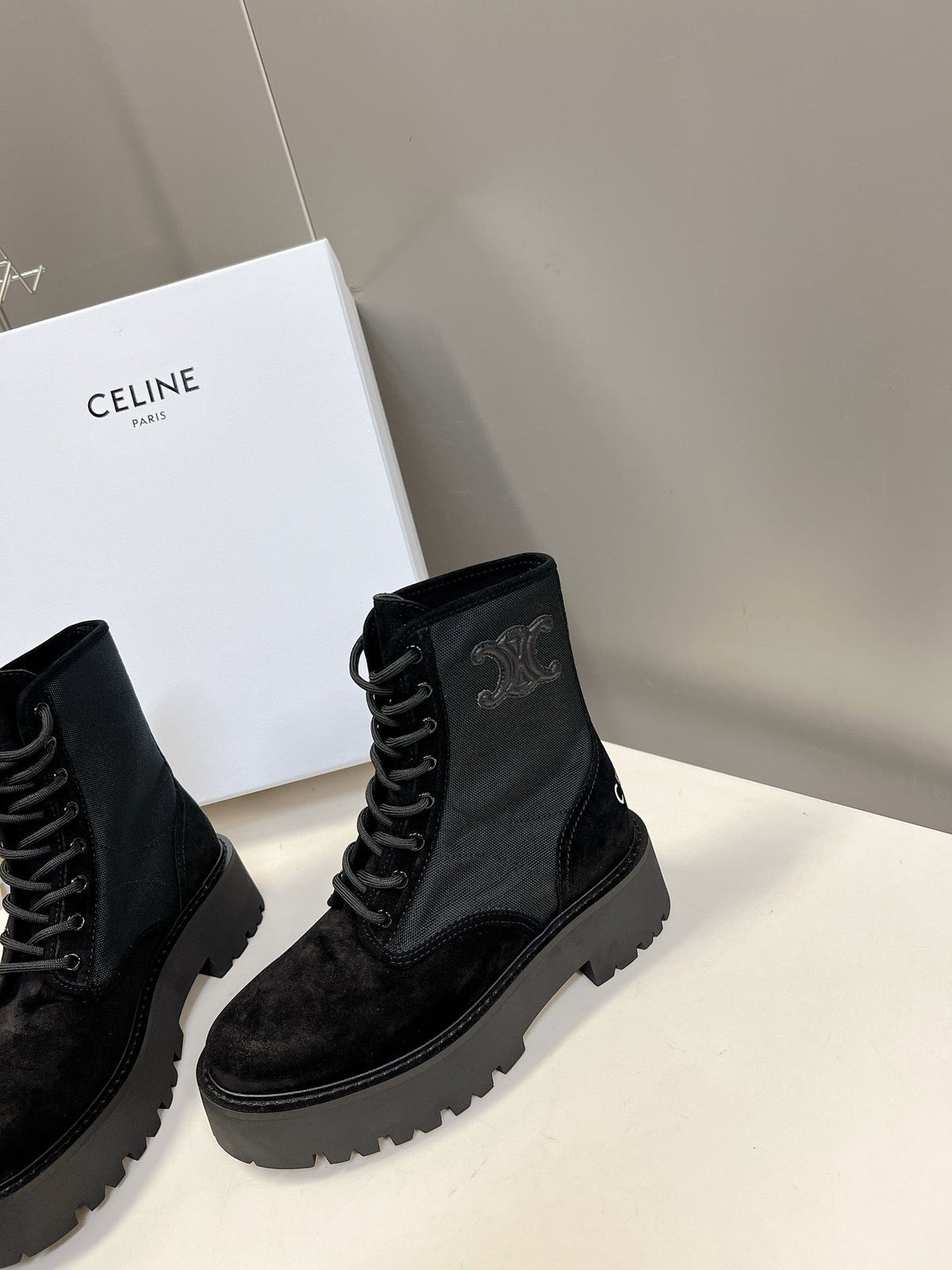 Celine 2026 Laced Up Boots 50mm Suede Canvas 948170