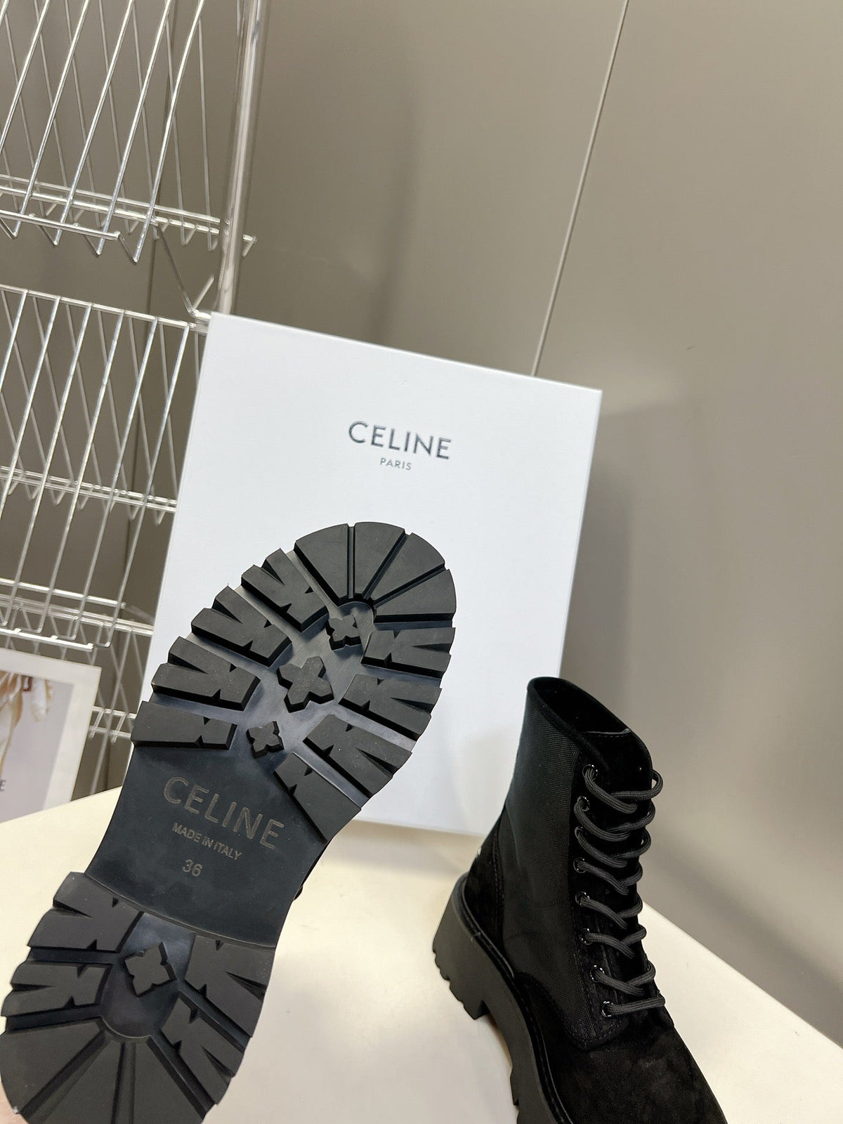 Celine 2026 Laced Up Boots 50mm Suede Canvas 948170