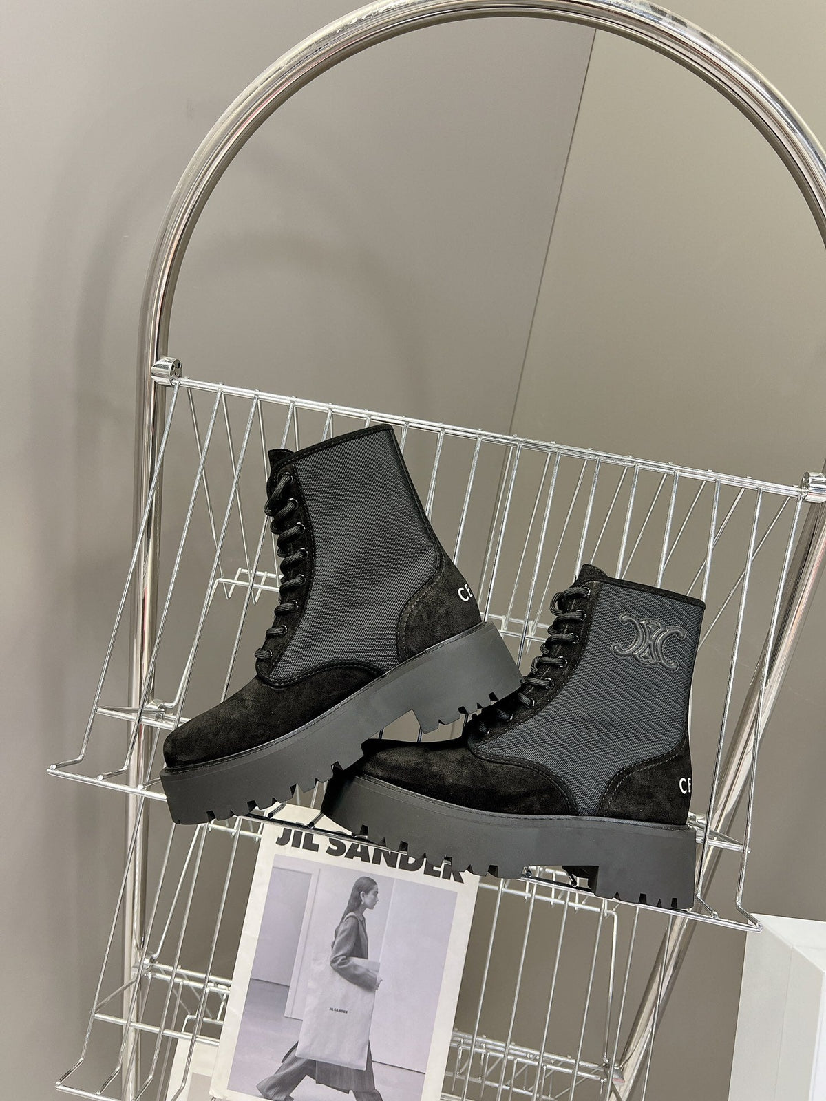 Celine 2026 Laced Up Boots 50mm Suede Canvas 948170
