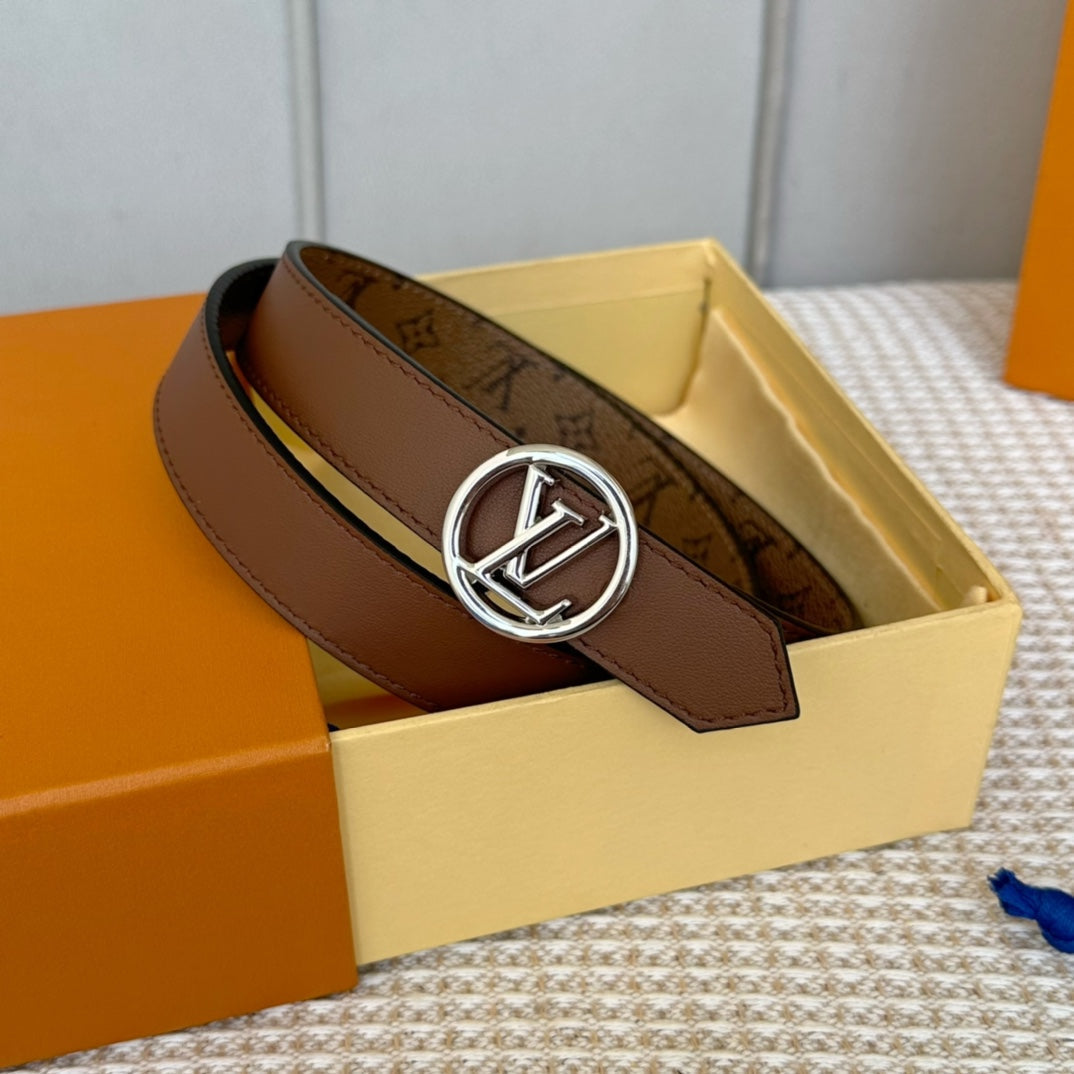 LV CIRCLE 25MM REVERSIBLE BELT MEDIUM BROWN MONOGRAM CALFSKIN SILVER HARDWARE