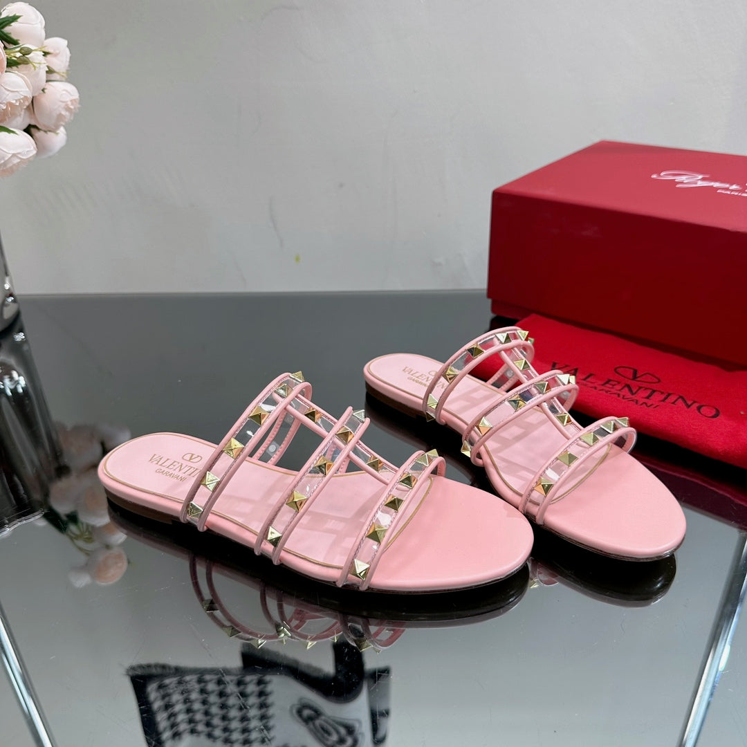 VT 25 Rockstud Flat Sandals Pink PVC Sheepskin