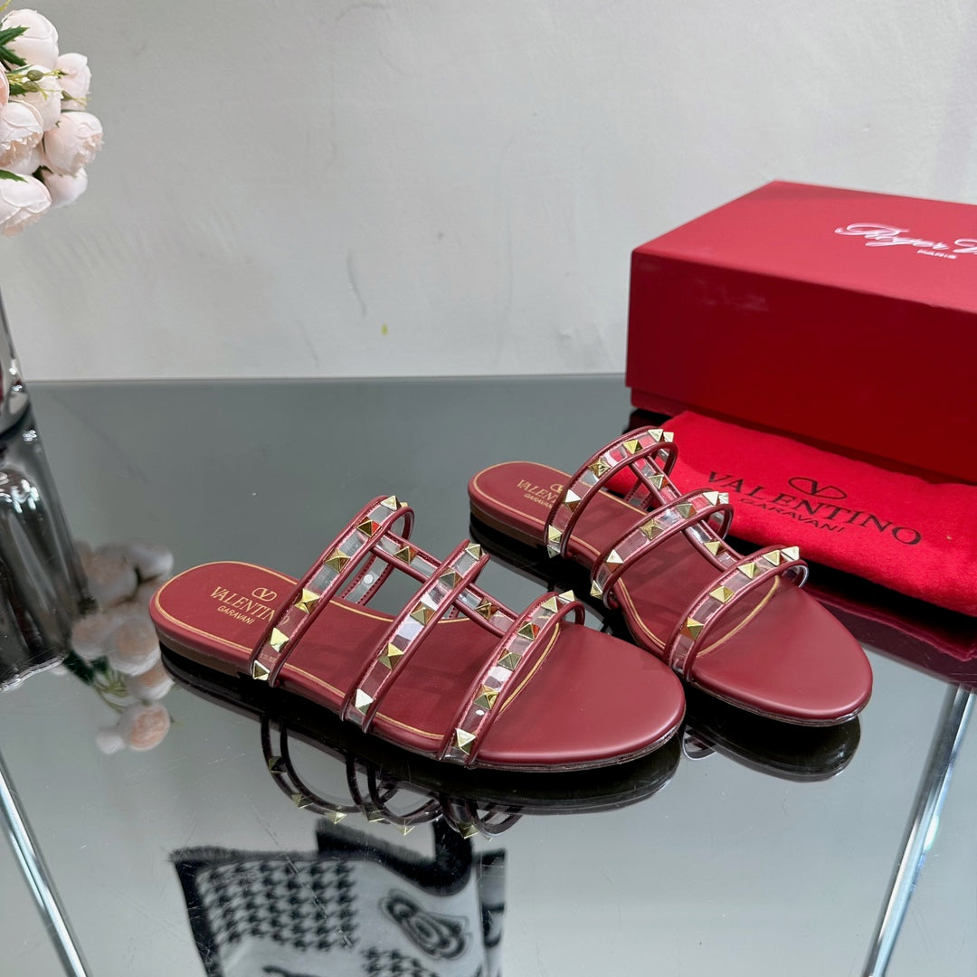 VT 25 Rockstud Flat Sandals Ruby Red PVC Sheepskin