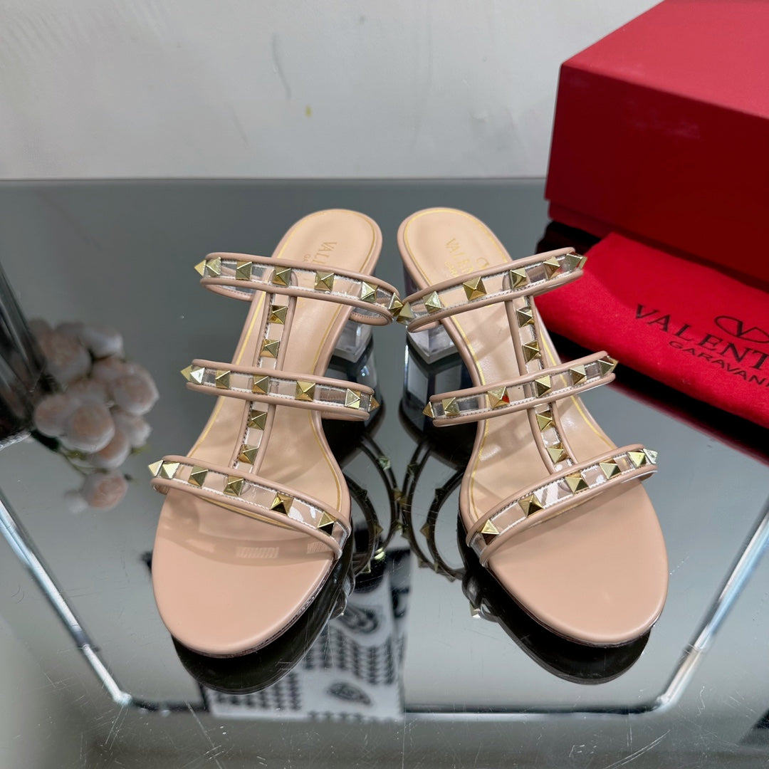 VT 25 Rockstud Sandals 65mm Beige PVC Sheepskin