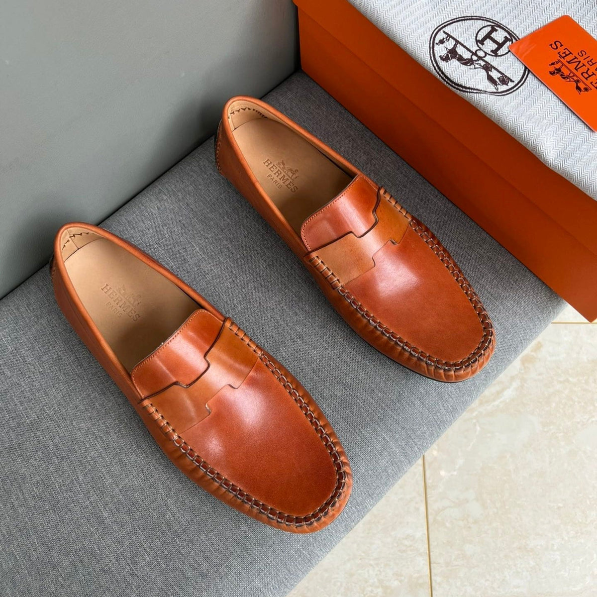 HM Men's Moccasins Loafer Neon Orange Cowhide 565855