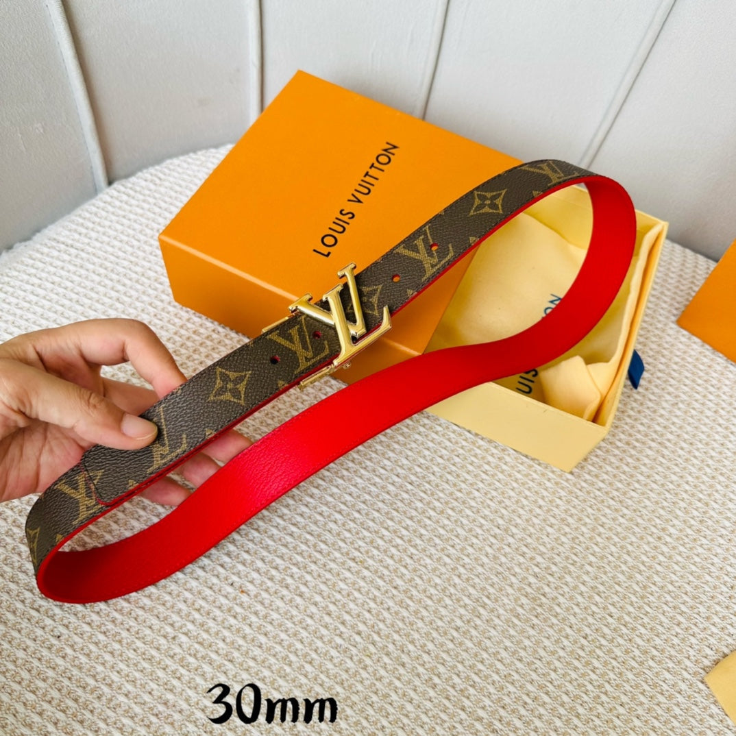 LV Initiales 30mm Reversible Belt Gold Rotating Buckle Red Brown Leather