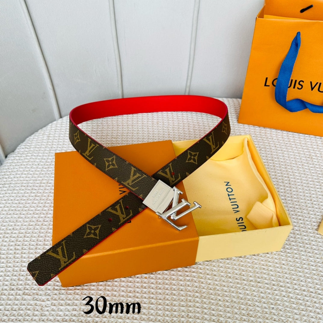 LV Initiales 30mm Reversible Belt Silver Rotating Buckle Red Brown Leather