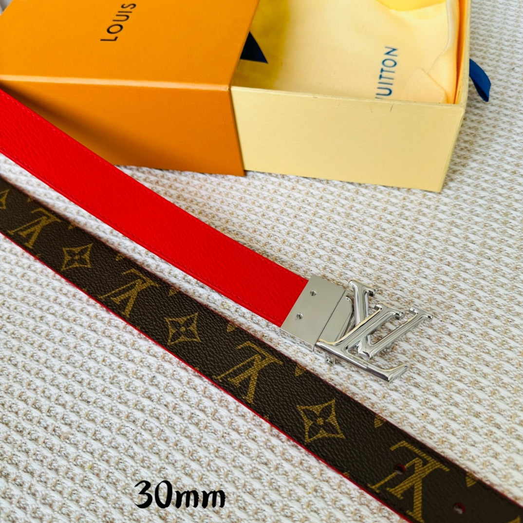 LV Initiales 30mm Reversible Belt Silver Rotating Buckle Red Brown Leather
