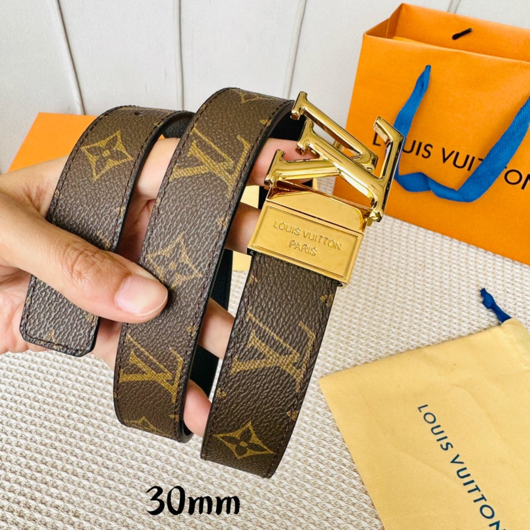 LV Initiales 30mm Reversible Belt Gold Rotating Buckle Black Brown Leather