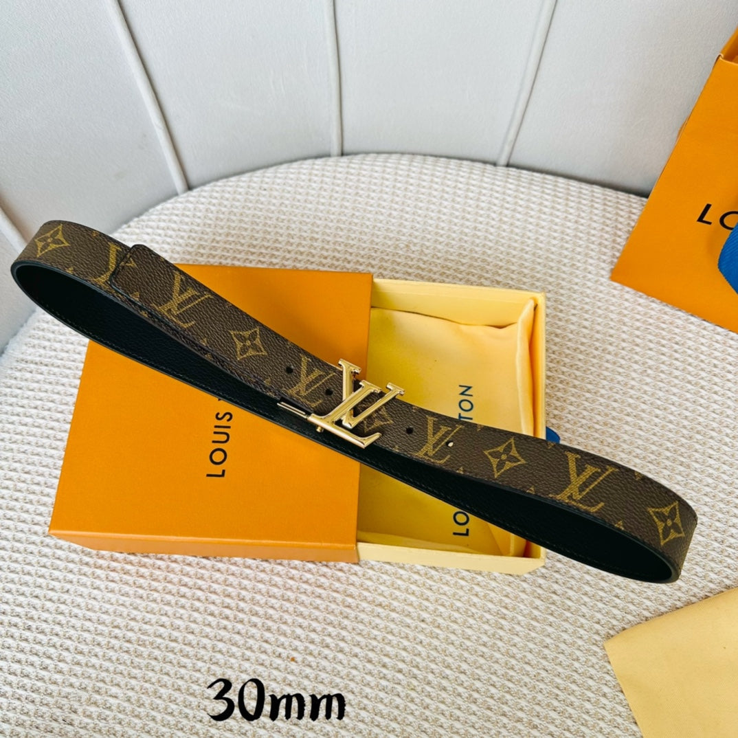 LV Initiales 30mm Reversible Belt Gold Rotating Buckle Black Brown Leather