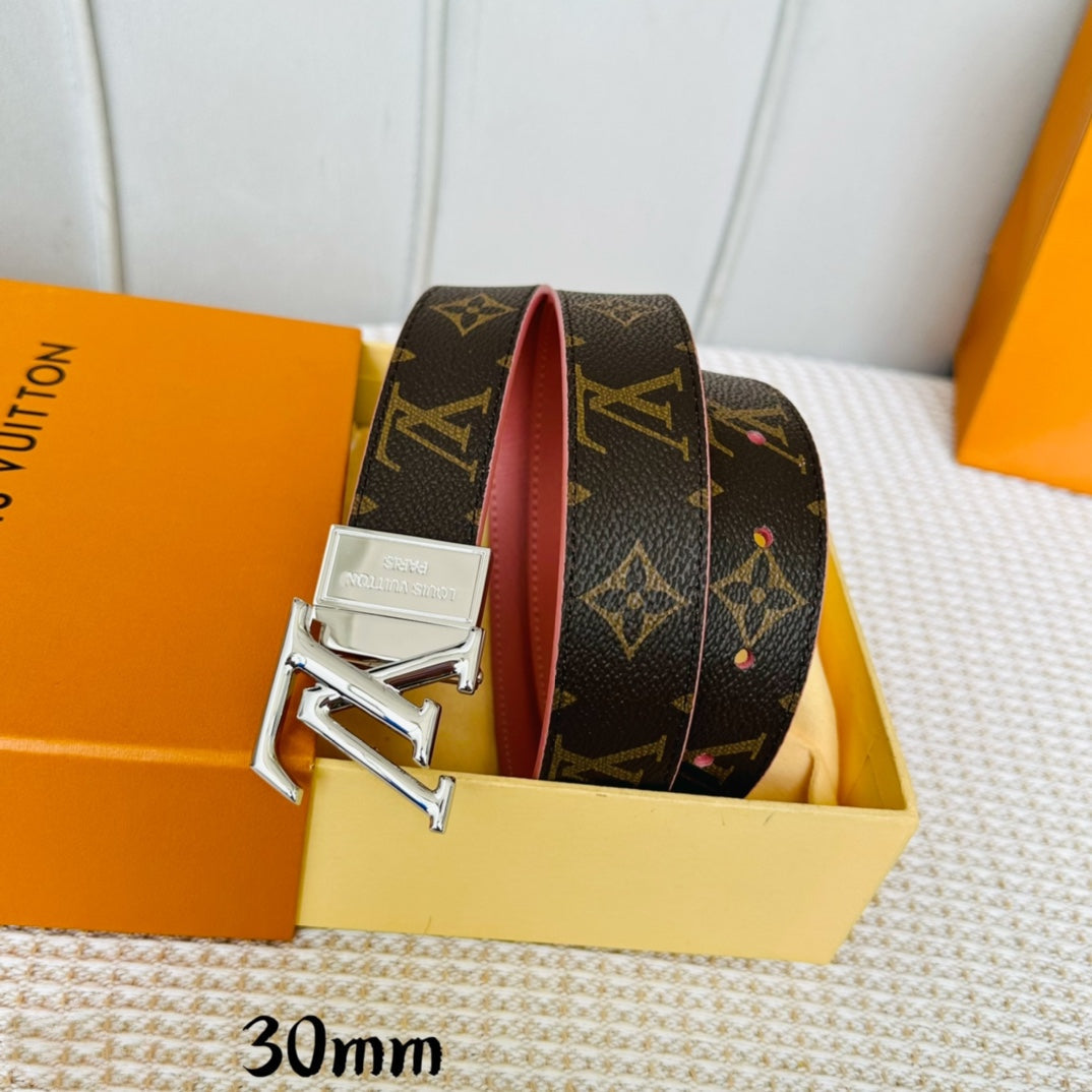 LV Initiales 30mm Reversible Belt Silver Rotating Buckle Pink Brown Leather