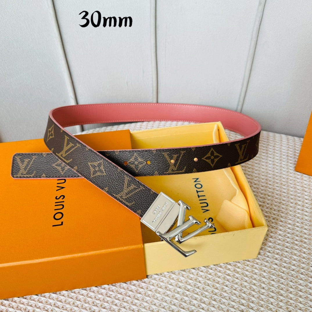 LV Initiales 30mm Reversible Belt Silver Rotating Buckle Pink Brown Leather