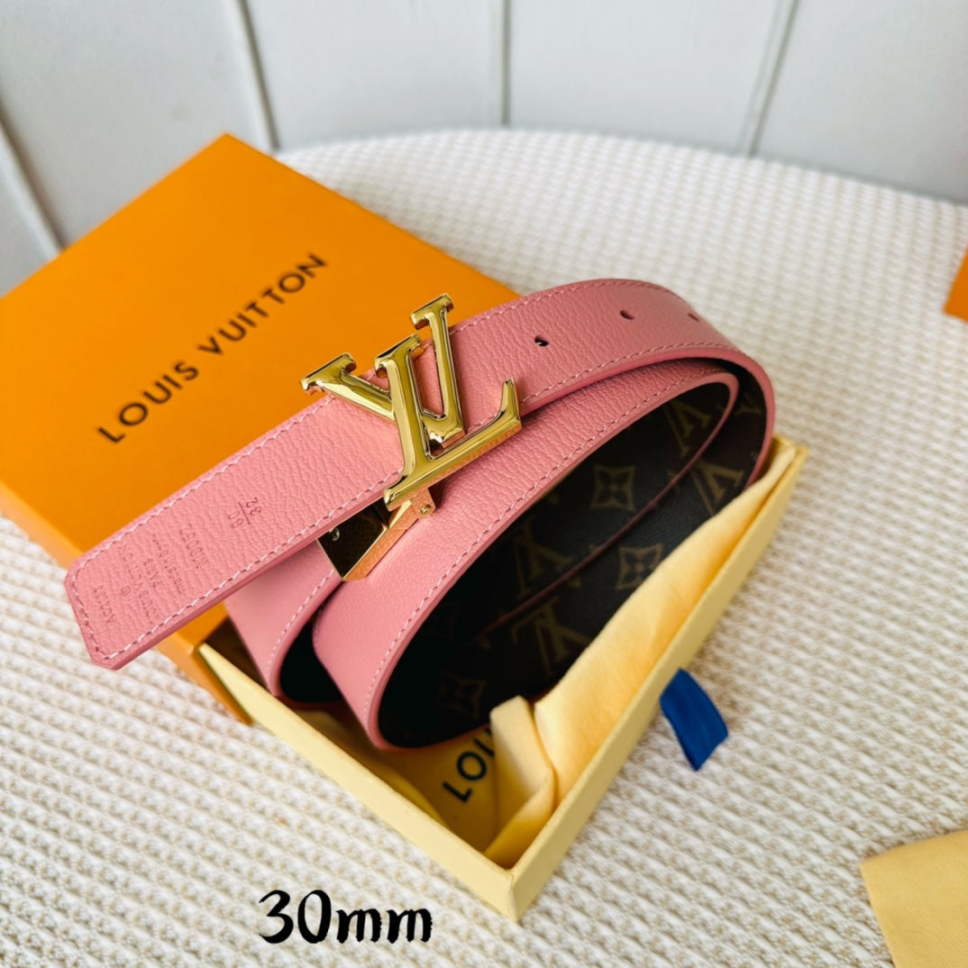 LV Initiales 30mm Reversible Belt Gold Rotating Buckle Pink Brown Leather