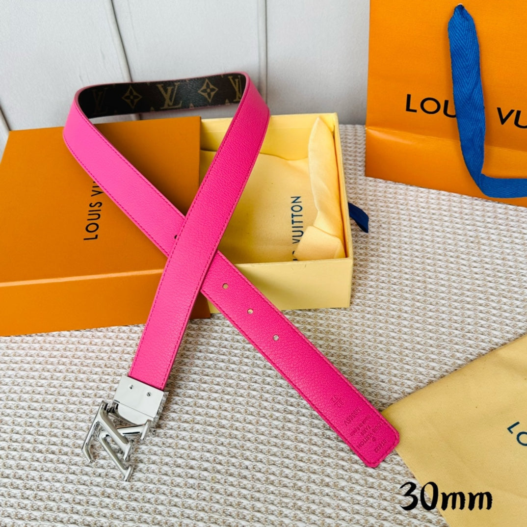 LV Initiales 30mm Reversible Belt Silver Rotating Buckle Hot Pink Brown Leather
