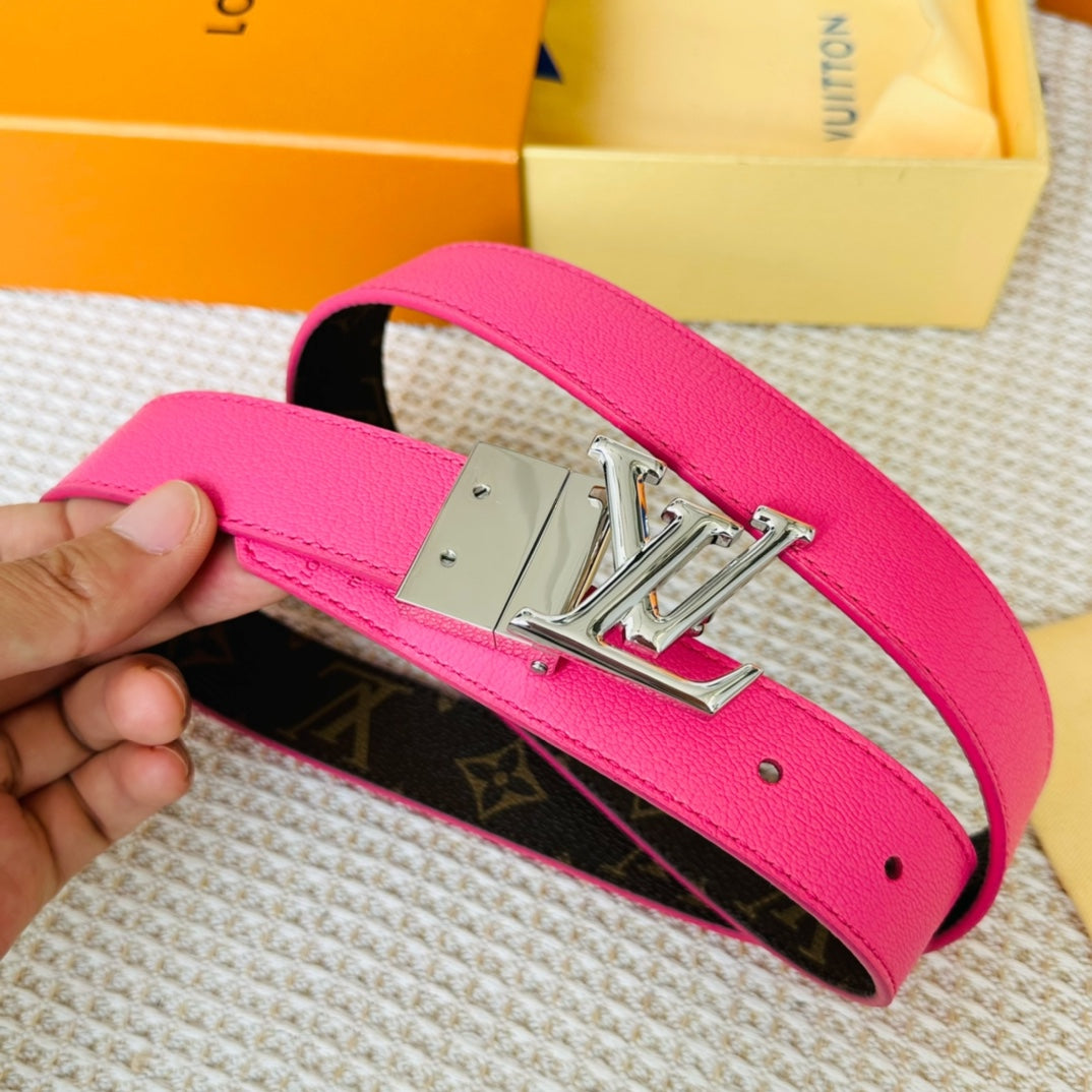 LV Initiales 30mm Reversible Belt Silver Rotating Buckle Hot Pink Brown Leather