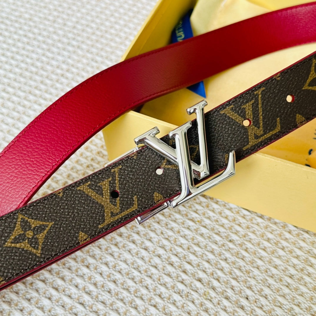 LV Initiales 30mm Reversible Belt Silver Rotating Buckle Burgundy Brown Leather
