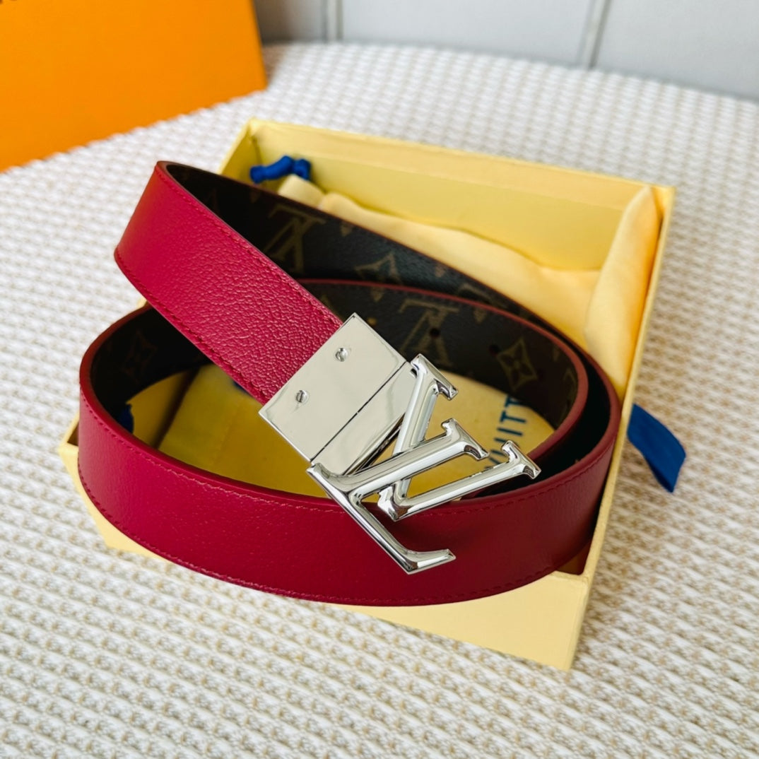 LV Initiales 30mm Reversible Belt Silver Rotating Buckle Burgundy Brown Leather