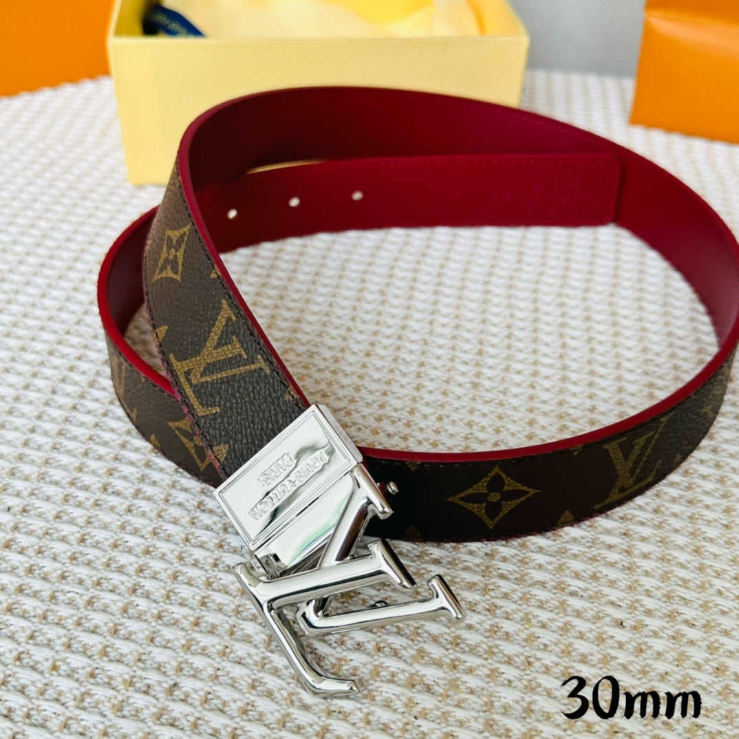 LV Initiales 30mm Reversible Belt Silver Rotating Buckle Burgundy Brown Leather